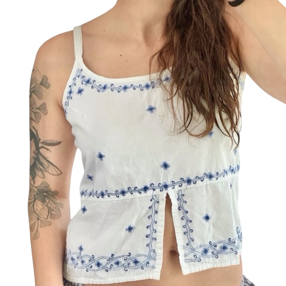 Passport White Tank Top with Blue Embroidery